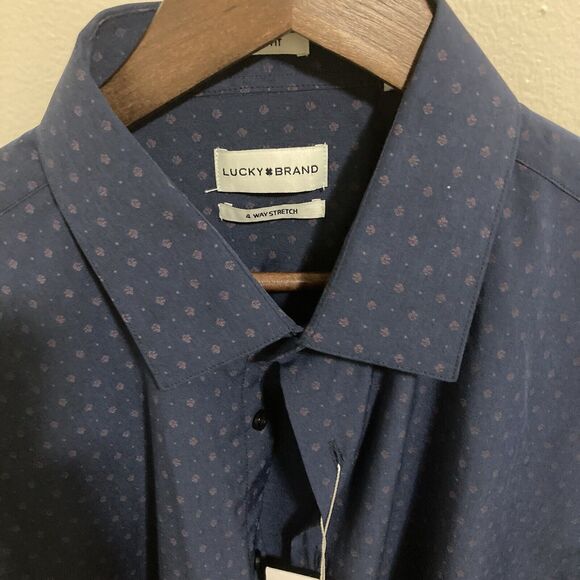 Lucky Brand Mens Button Up Shirt XL 34/35 17-17.5 Slim Fit Stretch Navy Blue - Picture 2 of 13